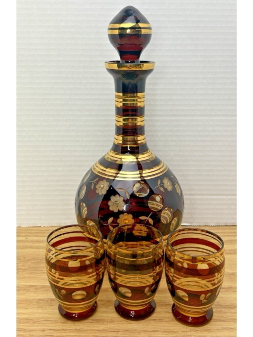 MCM Bohemian Czech Amber Glass Decanter Set Gold Floral 3 Glasses Stopper